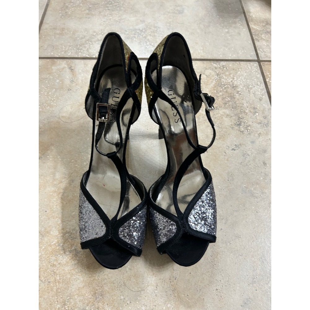 Guess Heels Silver Glitter Gold Black Ankle Strap‎ Peep Toe Party Shoes